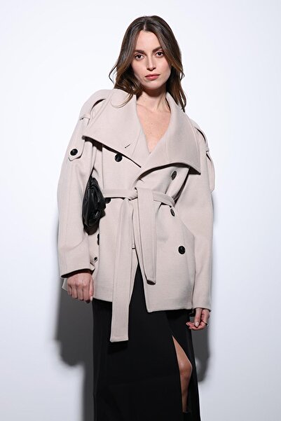 Antioch Beige Mock Neck Double-Breasted Women's Coat