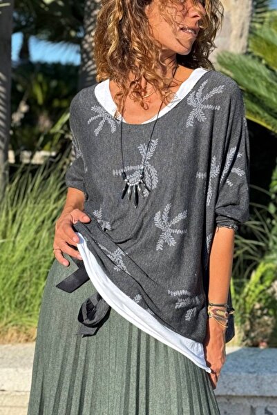 Güneşkızı Pulover casual italian, antracit, cu gât barcă, cu model de frunze, cu textura moale, în interior și în exterior, 70 60