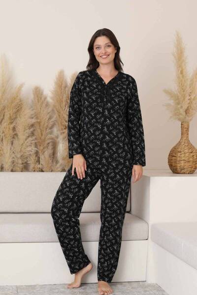 ALİMER Set pijamale pentru femei - model floral negru cu mâneci lungi materia...