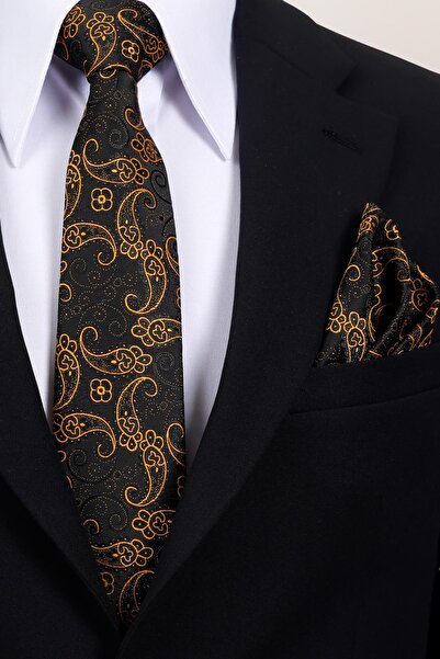 Esgue 8 cm Hand Made Black - Gold Shawl Patterned Handkerchief Tie