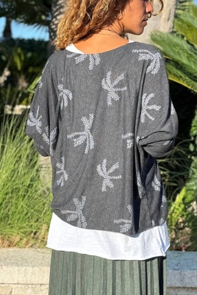 Güneşkızı Ιταλικό πουλόβερ από ανθρακί με λαιμόκοψη και σχέδιο με φύλλα, μαλακή υφή εσωτερικά και εξωτερικά, χαλαρό πουλόβερ 70 60