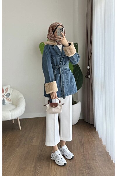 MissPul Τζιν μπουφάν με ζώνη και αφαιρούμενη γούνινη λεπτομέρεια