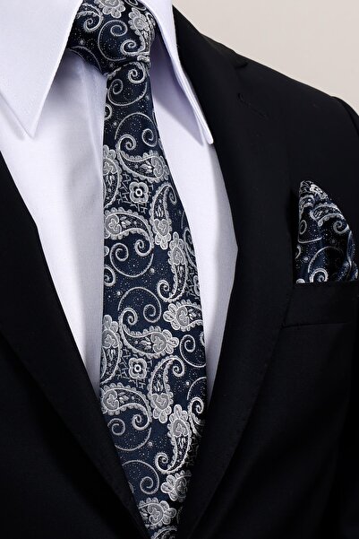 Esgue 8 cm Hand Made Navy Blue - Gray Shawl Patterned Handkerchief Tie