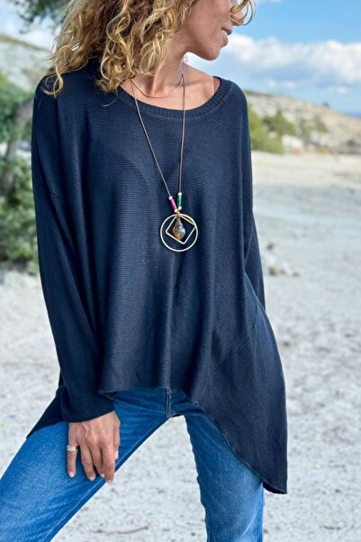 Güneşkızı Італійський синій светр з коміром-човником, м'якою фактурою, асиметричним кроєм та вовняною сумішшю 70 55