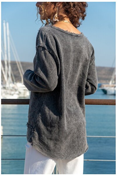 Güneşkızı Anthracite Tree Printed Washed Antique Detailed Embroidered 2 Thread Shardonless Casual Sweatshirt 70 55