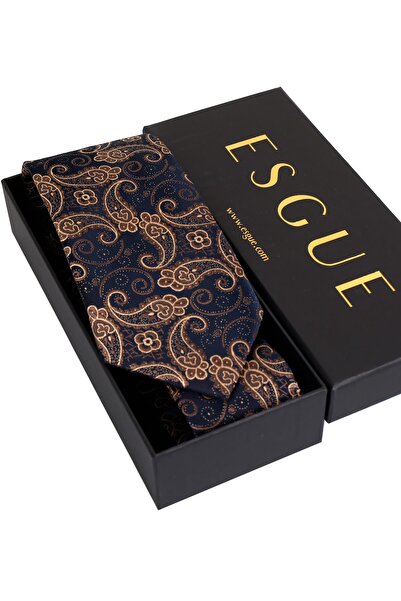 Esgue 8 cm Hand Made Navy Blue - Beige Shawl Pattern Handkerchief Tie