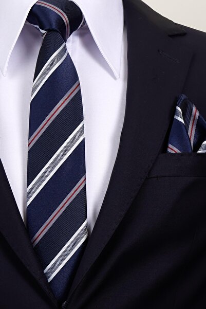 Esgue 8 cm Hand Made Navy Blue - White Striped Pattern Handkerchief Tie