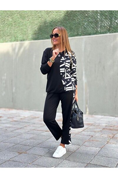 AGORATEKSTİL طقم نسائي من قماش الفسكوز المنقوش بخيطين، بنطلون وسترة