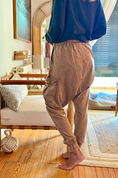 Güneşkızı Bronze Color Pocketed Washable Elastic and Tie-Waist Baggy Cotton Trousers 95 30