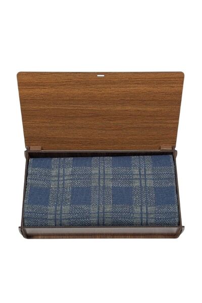 1001 Kravat Gray Blue Plaid Patterned Double-Sided Men's Scarf in Wooden Gift Box