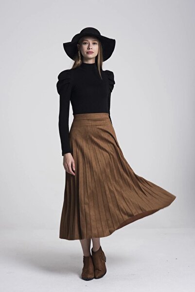 TrendParis Pleated Suede Full Length Skirt