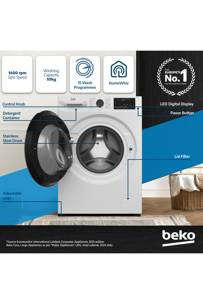 Beko 10 kg Front Load Washing Machine, 1400 RPM,15 Programmes,AutoDose,SteamTherapy,WTE1014XW(White)