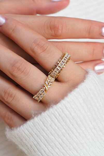 TREND COLLECTİON Zarafet Işıltısı Taşlı Altın Renk 2'li Vip Kadın Yüzük Seti