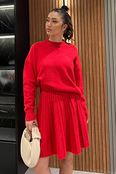 Zehra Gül Kırmızı Tarz Triko Etek Kazak İkili Takım (s-m-l Beden Uyumludur)