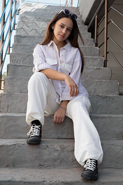 Cansın Mini Beige Girl's Striped Shirt and Cargo Pants 2-Piece Set 23299