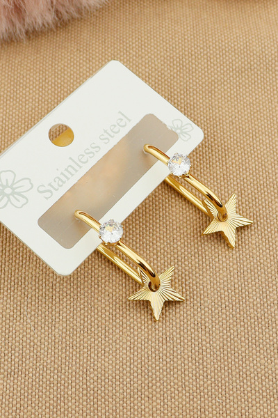 Keyifli Hayaller Çelik Vip Küpe - 316L Çelik Zirkon Taşlı Yıldız Halka Küpe Kararmaz Solmaz Halka Çelik Küpe