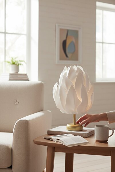 PearlHome White Eva Tulip Design Wireless Table Lamp – Matte Gold, Decorative Led Lampshade