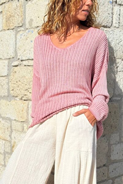 Güneşkızı Pulover casual din modal cu textura moale, culoare somon italian, cu decolteu în V 70 55