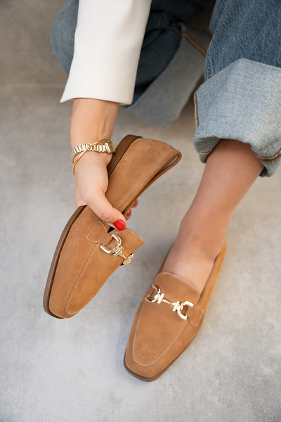 LAMİNTA Aloha Tan Suede Women's Loafer with Gold Detail