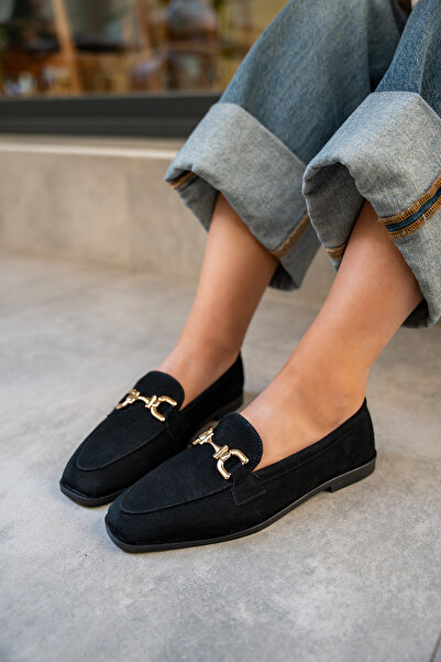 LAMİNTA Aloha Black Suede Women's Loafer with Gold Detail