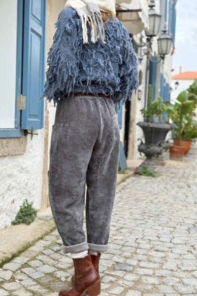 Güneşkızı Italian Anthracite Washed Soft Textured Belted Velvet Casual Trousers 90 35