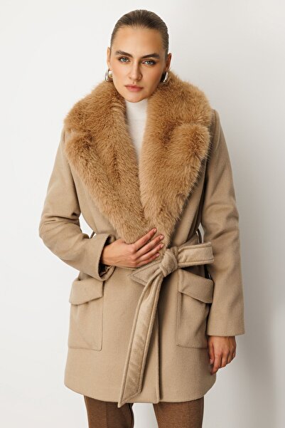 Ekol Sheepskin Collar Waist Belted Coat