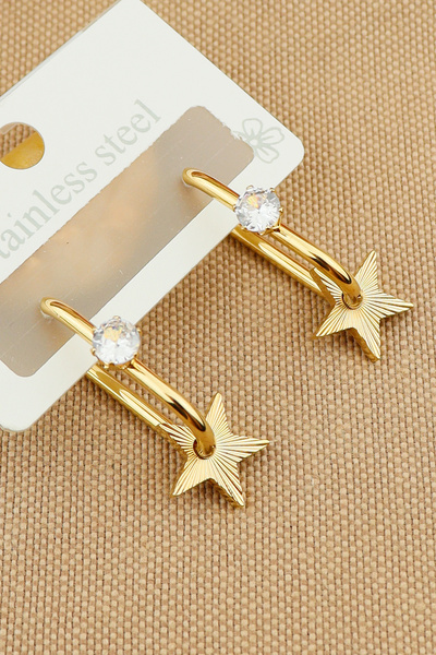 Keyifli Hayaller Çelik Vip Küpe - 316L Çelik Zirkon Taşlı Yıldız Halka Küpe Kararmaz Solmaz Halka Çelik Küpe