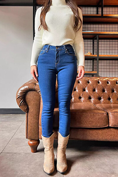 Zehra Gül Koyumavi Kadın Likralı Yüksek Bel Jean Kot Pantolon