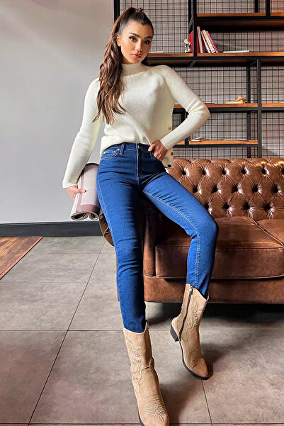 Zehra Gül Koyumavi Kadın Likralı Yüksek Bel Jean Kot Pantolon