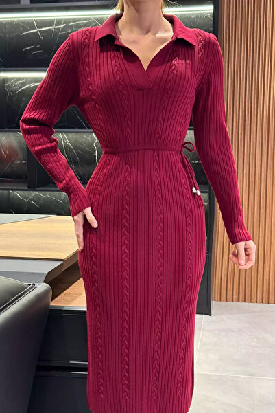 Zehra Gül Bordo Kadın Polo Yaka Bel Bağlamalı Uzun Triko Elbise