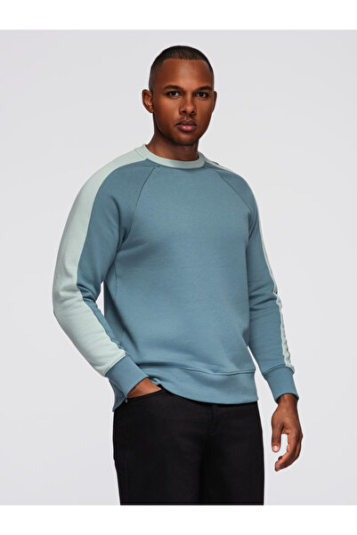OMBRE Men's sweatshirt with contrasting stripes and raglan sleeves - Lightened Turquoise V4 OM-SSNZ-0200