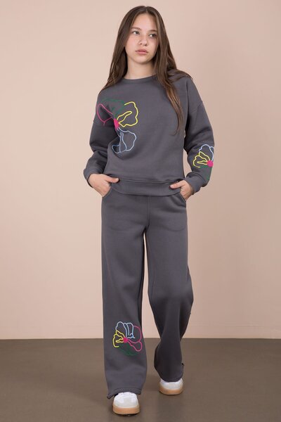 Cansın Mini Smoked Flower Embroidery Detailed Wide Leg Girl's Fleece-Lined Set 23285