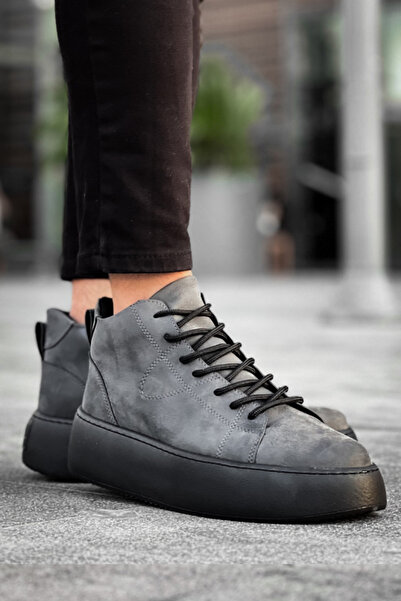 BOUIS Men's Gray Black Daily Lace-Up Water Resistant Winter Boots High Sole Stylish Comfortable Sports Boots Postal