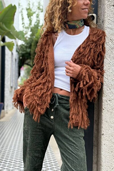 Güneşkızı Italian Brown Washed Tassel Soft Textured Wool Loose Cardigan 65 50