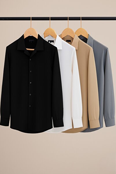 OTAKU 4 ' lü Erkek Dökümlü Uzun Kollu Aerobin Kumaş Gömlek Seti