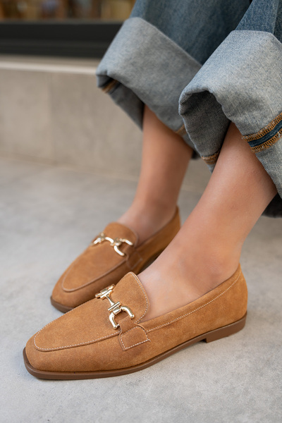 LAMİNTA Aloha Tan Suede Women's Loafer with Gold Detail