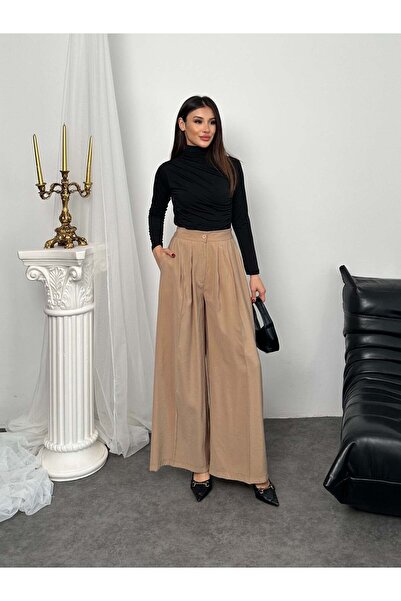 Hatun Atila Pleated High Waist Wide Leg Modal Fabric Palazzo Pants 8039 - Mink