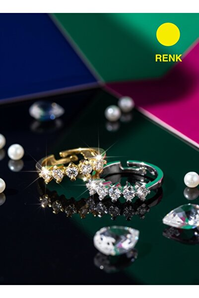 EKİDORA 5 Taşlı Kadın Ayarlanabilir Çelik Yüzük Parlak Zirkon Taşlı Şık Takı