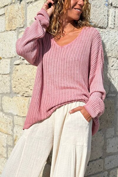 Güneşkızı Pulover casual din modal cu textura moale, culoare somon italian, cu decolteu în V 70 55