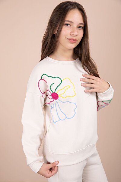 Cansın Mini Krem Çiçek Nakış Detaylı Geniş Paça Kız Çocuk Şardonlu Takım 23284