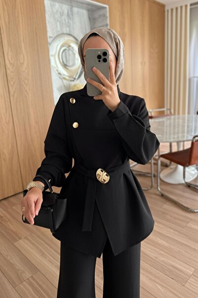Ka Hijab Shoulder Buttoned Trench Suit - Black