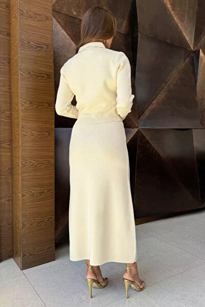 Zehra Gül Krem Düğme Detaylı Hırka Etek Tesettür Triko İkili Takım (s-m-l Beden Uyumludur)