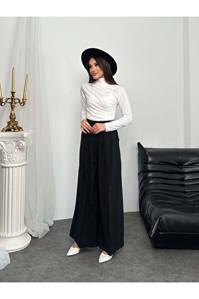 Hatun Atila Pleated High Waist Wide Leg Modal Fabric Palazzo Pants 8039 - Black