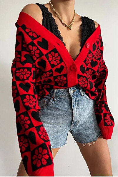 Secret Passion Lingerie New Season Floral and Heart Patterned Button Detailed Orange Color Women's Knitwear Cardigan 0200