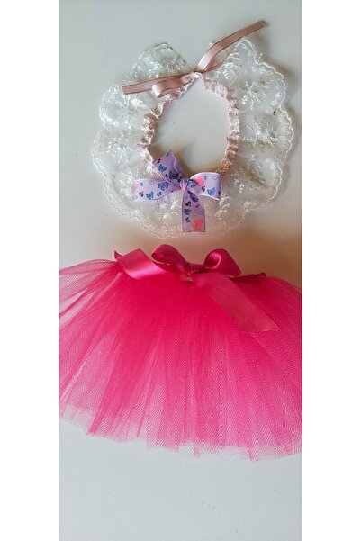 Canbutik طقم طوق وتنورة توتو للقطط والكلاب الصغيرة باللون الفوشيا