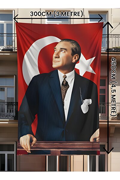 AKYILDIZ store 300x450 cm Atatürk Baskılı Türk Bayrağı – Raşel Kumaş, Çift Di...