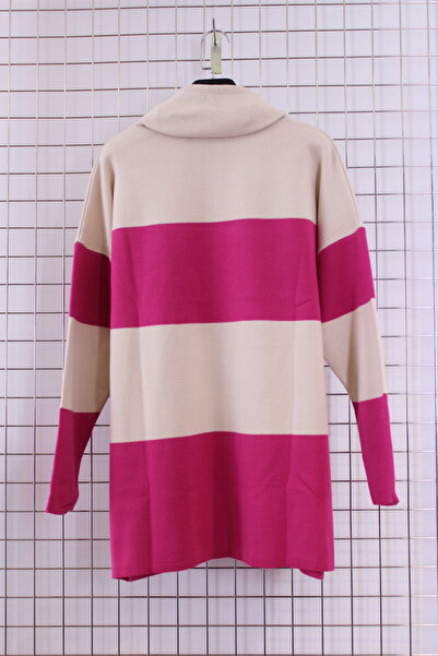 YXL COLLECTION Oversized Turtleneck Striped Collar Lace-Up Knitwear Sweater Tunic