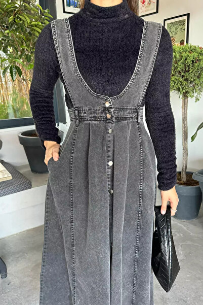 Zehra Gül Antrasit Kadın Salopet Kot Jean Elbise