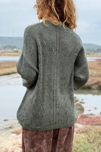 Güneşkızı İtalyan Haki V Yaka Düğmeli Yıkamalı Ajurlu Yumuşak Dokulu Yün Salaş Hırka 70 50