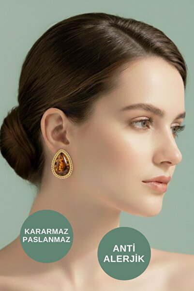 ALEXANDER HUD Antialerjik Suya Dayanıklı Kararmaz Kadın Gece ve Günlük Şık Kehribar Büyük Taşlı Çelik Küpe